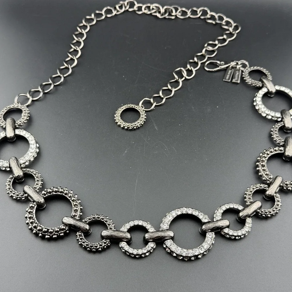 Chico's Ring Chain Hip Belt Sz Sm/Med Silver & Gunmetal‎ Rhinestone Adjustable